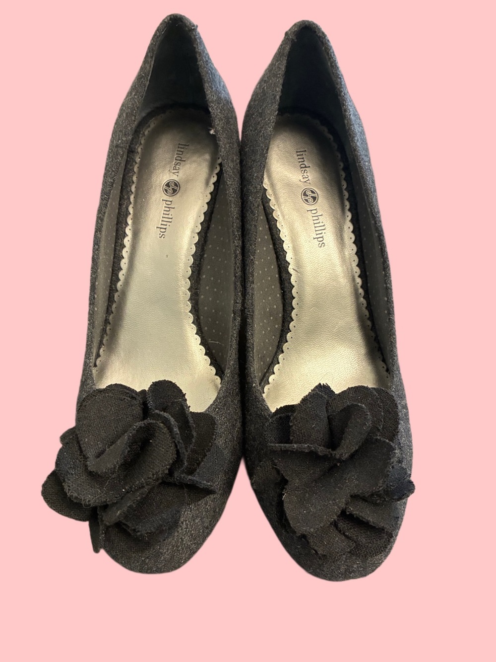 lindsay phillips Gray Felt Wedge Pumps with Floral Accent
